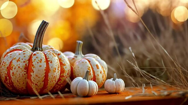 Pumpkins, small white gourds, and wheat stems sit on an orange surface with blurred background bokeh