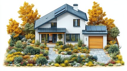 Modern eco-friendly house with solar panels surrounded by vibrant autumn foliage and garden
