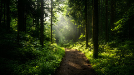 Fototapeta premium A forested trail through summer mountains, with tall trees lining the way and sunlight filtering through the canopy.