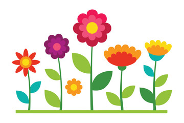 Colorful Flower Garden with Geometric Shapes on White Background, Simple Floral Art
