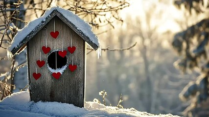 Snow-dusted birdhouse adorned with hearts stands in winter forest setting on sunny day