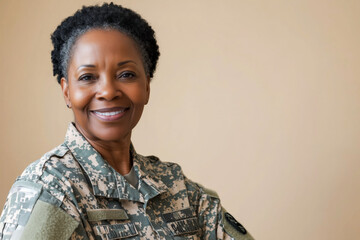 Mature Black female veteran wearing uniform on beige background. 