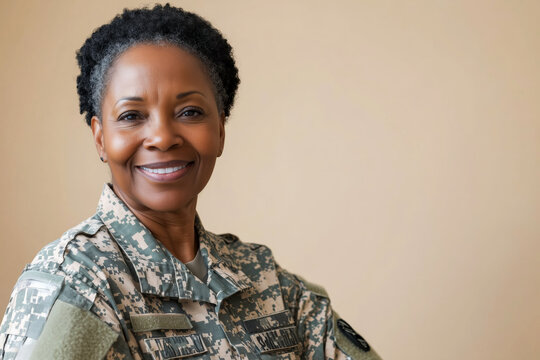 Mature Black female veteran wearing uniform on beige background. 