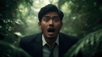 Panic in the jungle businessman lost in nature action scene dense forest surreal expression