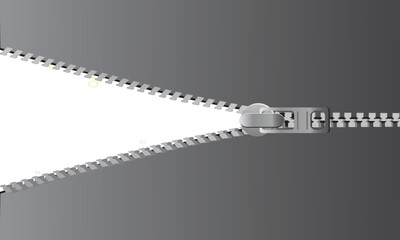 A symbolic digital illustration of a gray zipper opening up to a bright white background