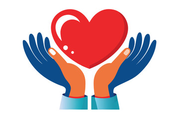 Obraz premium Cupped Orange Hands Holding Red Heart with Blue Sleeves on White Background