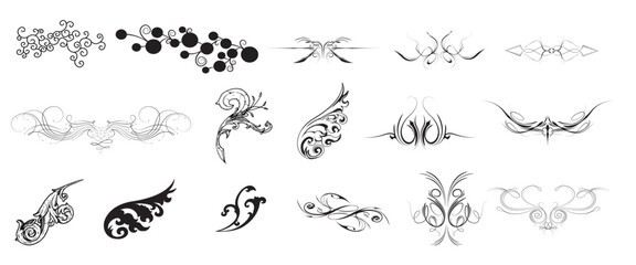 An assortment of black abstract swirls with shading effects on beige background