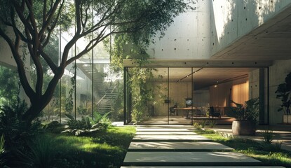 Obraz premium Modern home features a beautiful integration of nature and architecture
