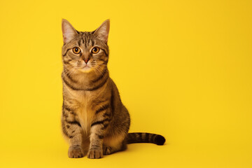 "Elegant Tabby Cat Posing Against a Vibrant Yellow Background