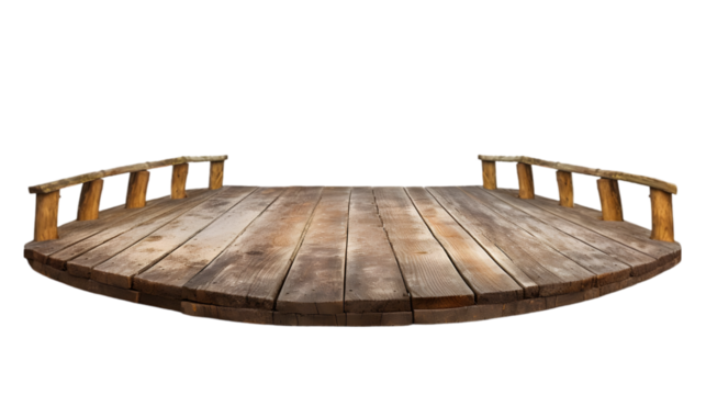 A rustic wooden platform with a railing on a black isolated background