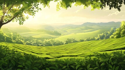 Breathtaking sunrise over lush green tea fields scenic landscape nature's beauty tranquil environment panoramic view