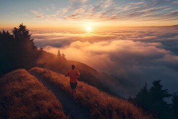 Silhouette of a trail runner on a hilltop at sunset