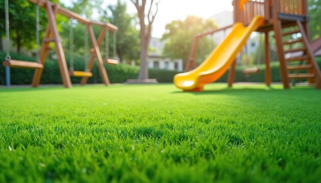 Playground area with vibrant green artificial grass, swings and slide. Outdoor children leisure recreation. Safe, clean environment for kids activity. Sunny summer day park.