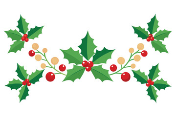 Fototapeta premium Festive Holly Berry Branches With Red Berries and Green Leaves on White