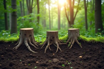 Fototapeta premium Cut Tree Stumps in Sunlit Forest Clearing Showing Deforestation Impact