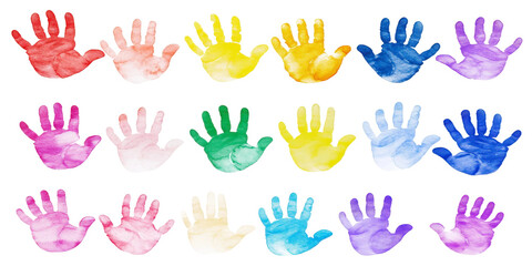 Fototapeta premium Colorful Handprints in Various Shades Displayed on a White Background, Perfect for Art Projects, Children's Activities, and Creative Expressions