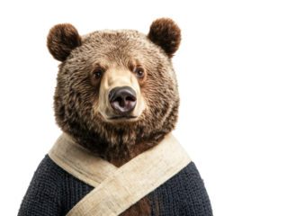 Bear wearing traditional clothing poses for fun portrait, cut out