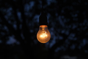 photo of yellow light bulb glowing at night