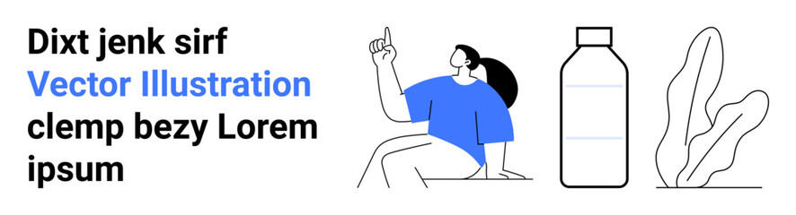 Individual gesturing upwards seated on the ground, accompanied by a water bottle and plant outlines. Ideal for wellness, hydration, sustainability, mindfulness, eco-friendly living, minimalism