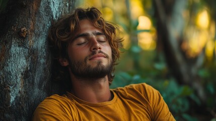 A peaceful forest setting showing a young man relaxing confidently against an old tree in nature