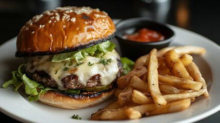 A juicy burger fresh off the grill with melted cheese oozing out, served on a toasted bun with crisp lettuce and tomatoes.