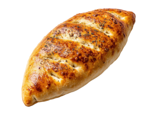 Freshly baked calzone with golden crust and herbs on top, cut out