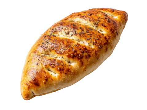 Freshly baked calzone with golden crust and herbs on top, cut out