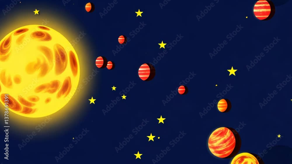 Poster a cartoon of a solar system with a yellow sun and red planets. there are also stars in the backgroun