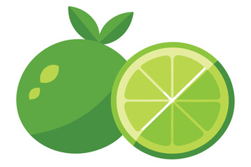 Flat Whole Green Lime Fruit with Leaves and a Slice on White