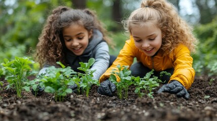 Diverse women collaboratively planting seedlings and nurturing vibrant greenery in community garden