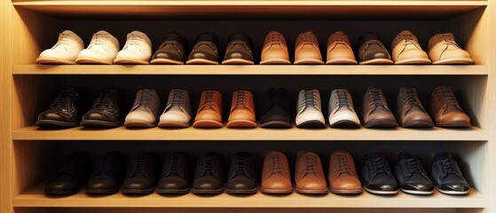 A meticulously arranged collection of shoes in assorted colors on shelves, showcasing a display of fashion variety and organized symmetry.