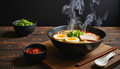 Modern food photo advertisement: Steaming hot ramen with a soft-boiled egg, chashu pork, and green onions sits in a dark bowl on a rustic wooden surface, inviting a delicious and comforting meal.