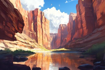 Scenic view of canyon cliffs and river with reflections of the colorful rocks  high resolution photo 