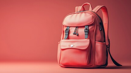 Fototapeta premium Red backpack with pockets, straps, and buckles on a matching red background