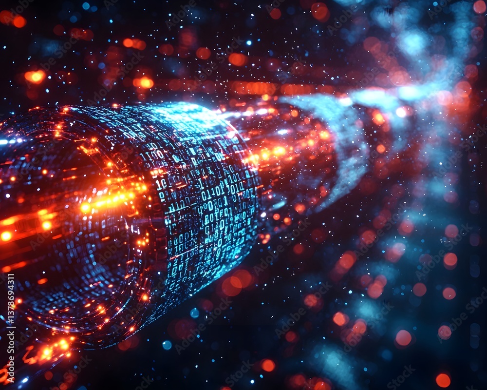 Poster glowing blockchain digital ledger with encrypted codes floating in the air