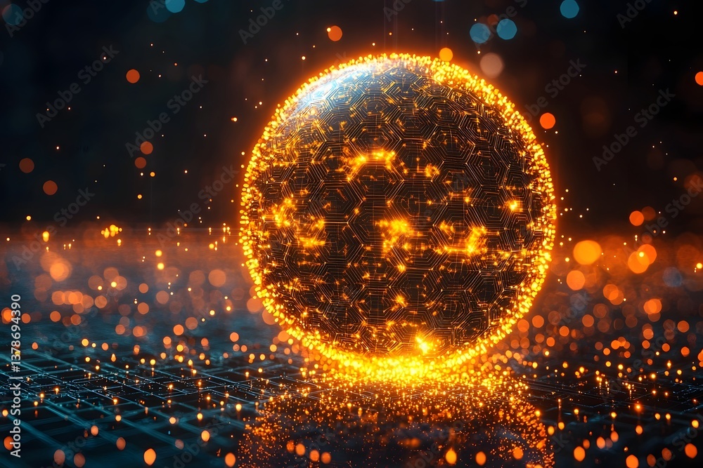 Poster glowing blockchain sphere with hexagonal patterns
