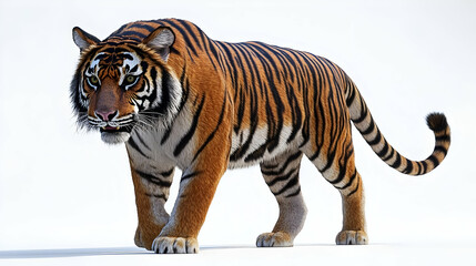 Fototapeta premium Dramatic Portrait of a Tiger with Orange and Black Stripes Walking on a White Background in a Captivating Close Up Digital Rendering