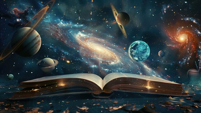 Fototapeta With each turn of the page, the universe unfolds—planets, stars, and galaxies manifest within the glowing pages of the book.