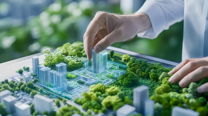 An urban planner working on eco-friendly city development, using AI-powered simulations to create green spaces and smart