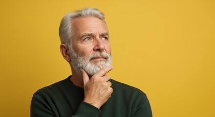 Obraz premium Thoughtful Senior Man with Gray Hair and Beard, Pensive Expression, Yellow Background, Studio Shot