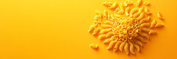 Sun-Shaped Pasta Arrangement on Vibrant Yellow Background Food Photography