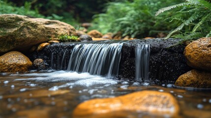 Serene Waterfall Cascading Gently Over Weathered Rocks in Lush Green Environment of a Beautiful Natural Landscape
