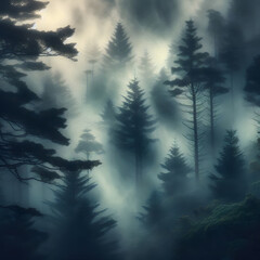 Obraz premium A misty forest with tall pine trees shrouded in fog, creating an atmospheric and serene scene.