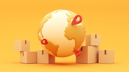 Sealed cardboard box for delivery of orders, goods, items around the world - 3d render. Delivery concept, parcel, mail, online order. Transportation and logistics.