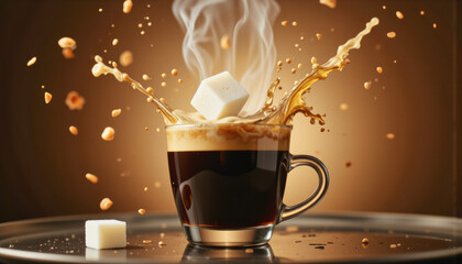 Modern food photo advertisement: Hot coffee splashes dramatically as a sugar cube dissolves within, creating a swirling steam and scattering coffee grounds on a reflective surface.