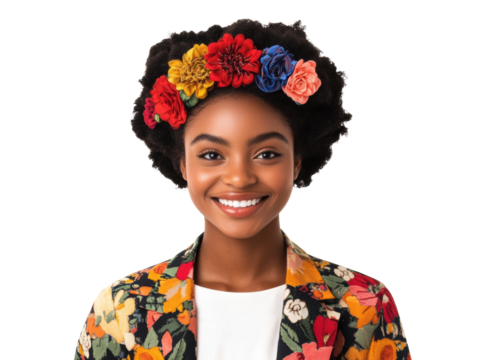 Colorful woman in floral headband strikes a cheerful pose, cut out - Powered by Adobe