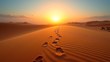 Naklejka premium A brilliant horizon is reached by the footprints of a donkey in the sand