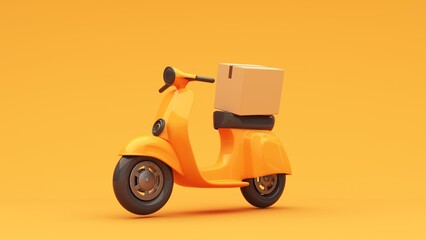 Sealed cardboard box for delivery of orders, goods, items around the world on scooter- 3d render. Delivery concept, parcel, mail, online order. Packaging with red geotag. Transportation and logistic