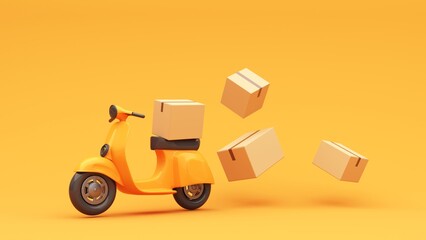 Sealed cardboard box for delivery of orders, goods, items around the world on scooter- 3d render. Delivery concept, parcel, mail, online order. Packaging with red geotag. Transportation and logistic