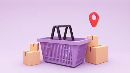 Concept of shopping cart and goods - 3D render. Online shopping, purchasing goods through a basket, quick orders. Background for advertising stores, marketing, service.